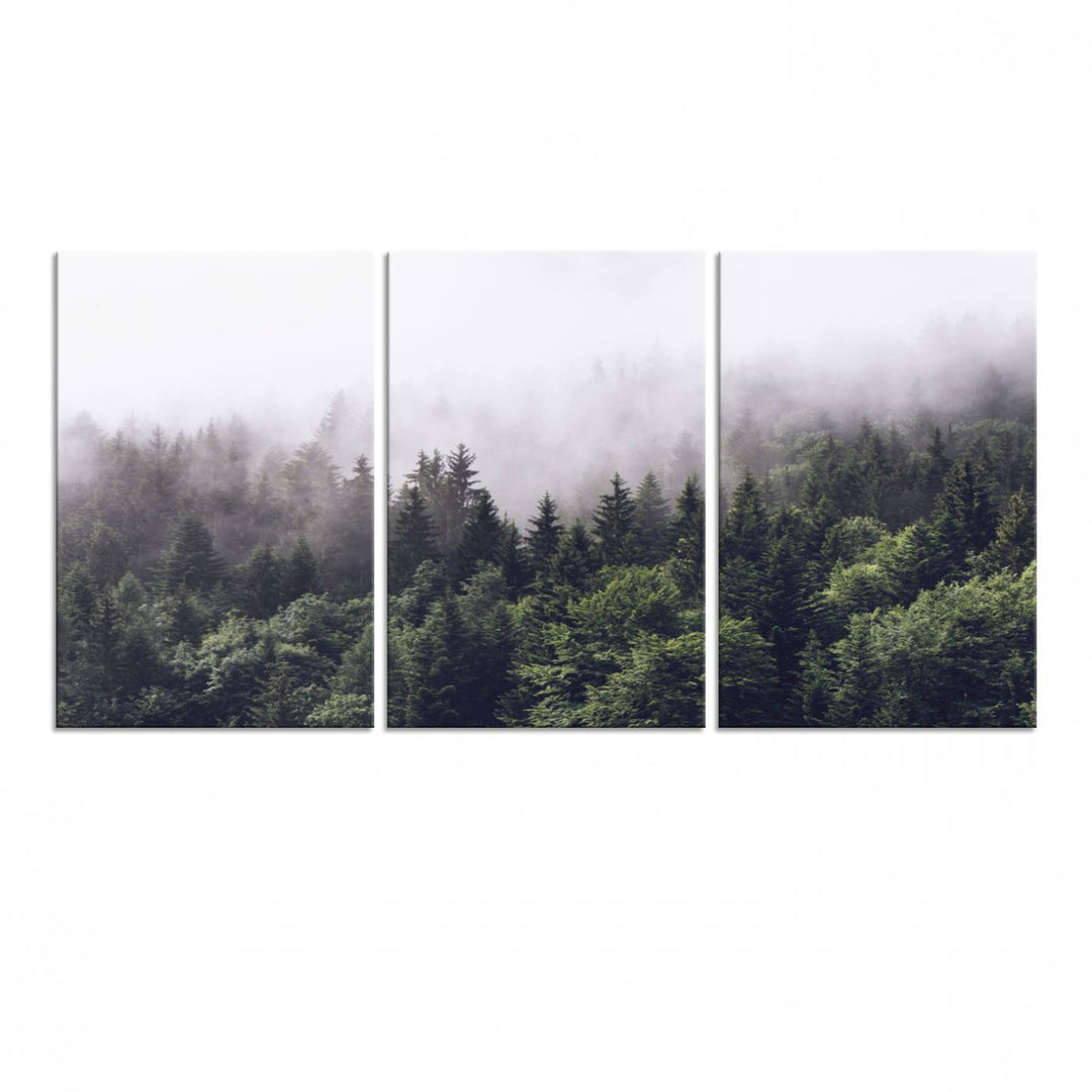 A serene triptych nature print featuring a misty forest, perfect as wall art.