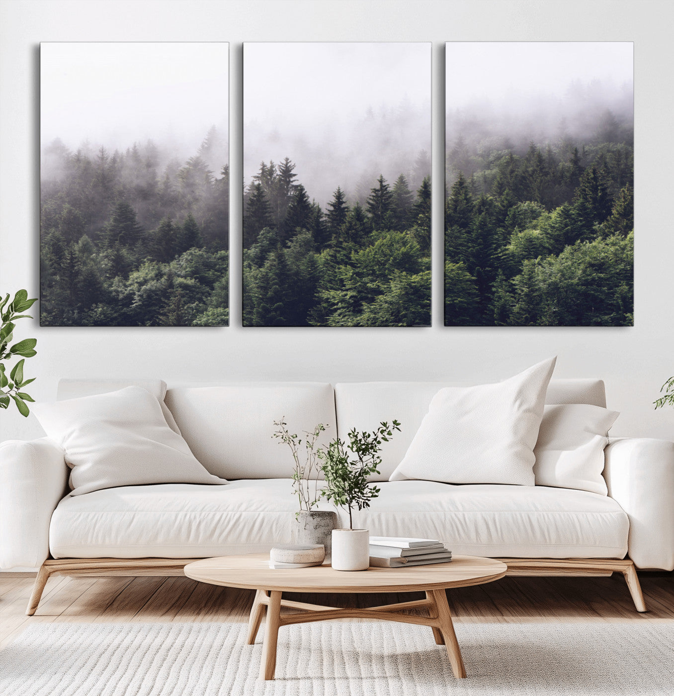 MGV-CV-60X30-3P - Misty Forest Wall Art | Foggy Forest Canvas Print | Large Nature-Inspired Misty Tree Landscape for