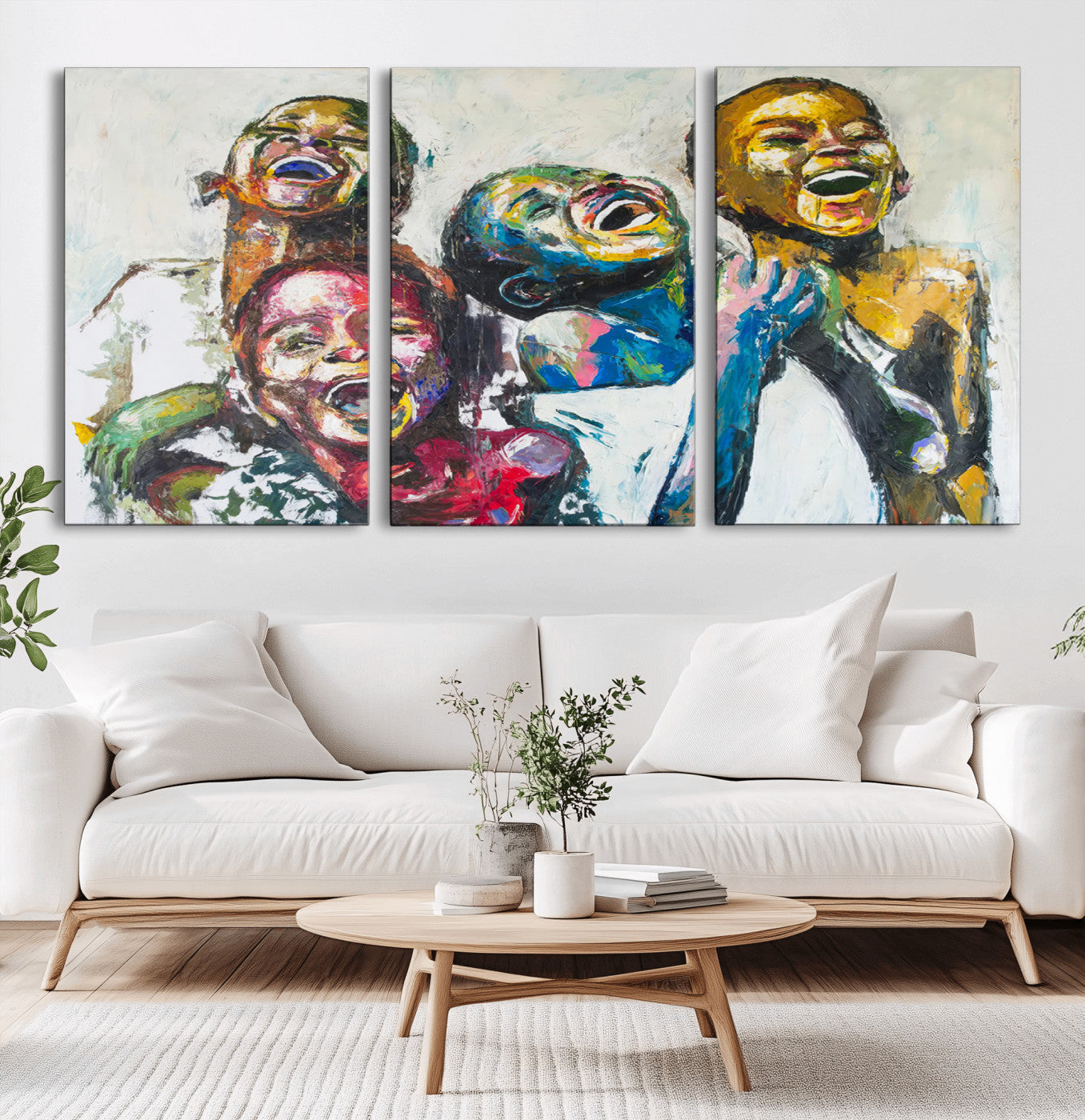MGV-CV-60X30-3P - Shai Yossef Style Canvas Art - Joyful African Black Kids Impasto Painting with Vibrant Brushstrokes,