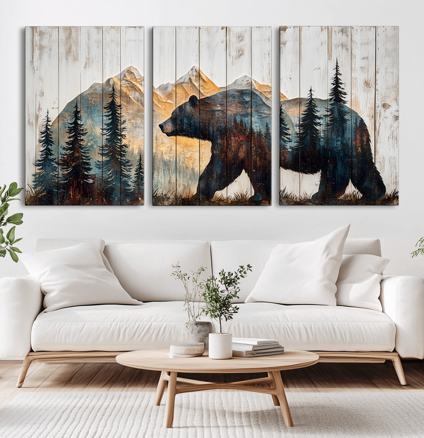MGV-CV-60X30-3P - Rustic Bear Wall Art - Grizzly 399 Bear Wall Art - Mountain Wood Canvas Wall Art - Nature Theme