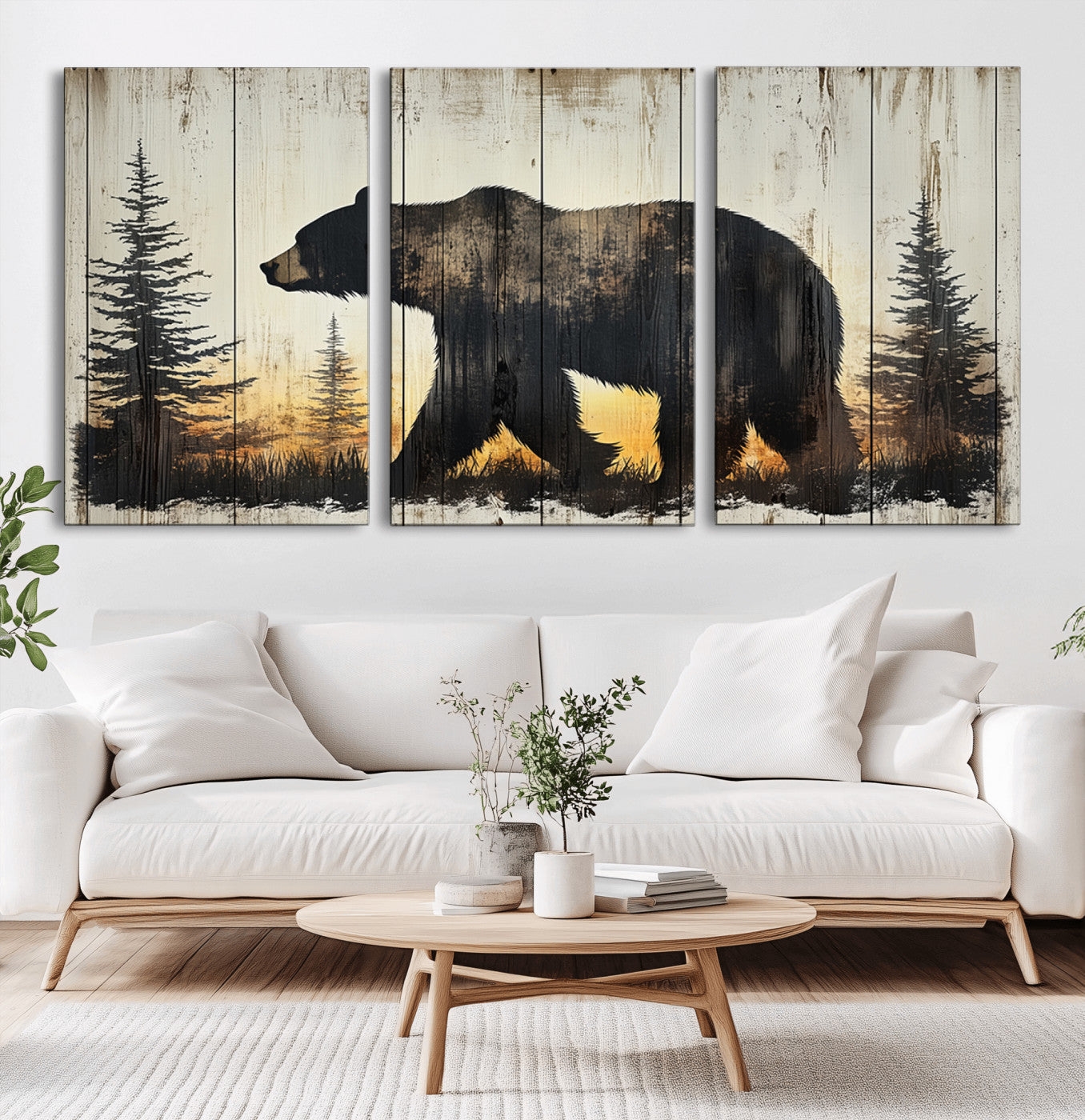 MGV-CV-60X30-3P - Vintage Bear Wall Art Canvas Print for Farmhouse - Mountain Wood Canvas Wall Art - Forest Silhouette