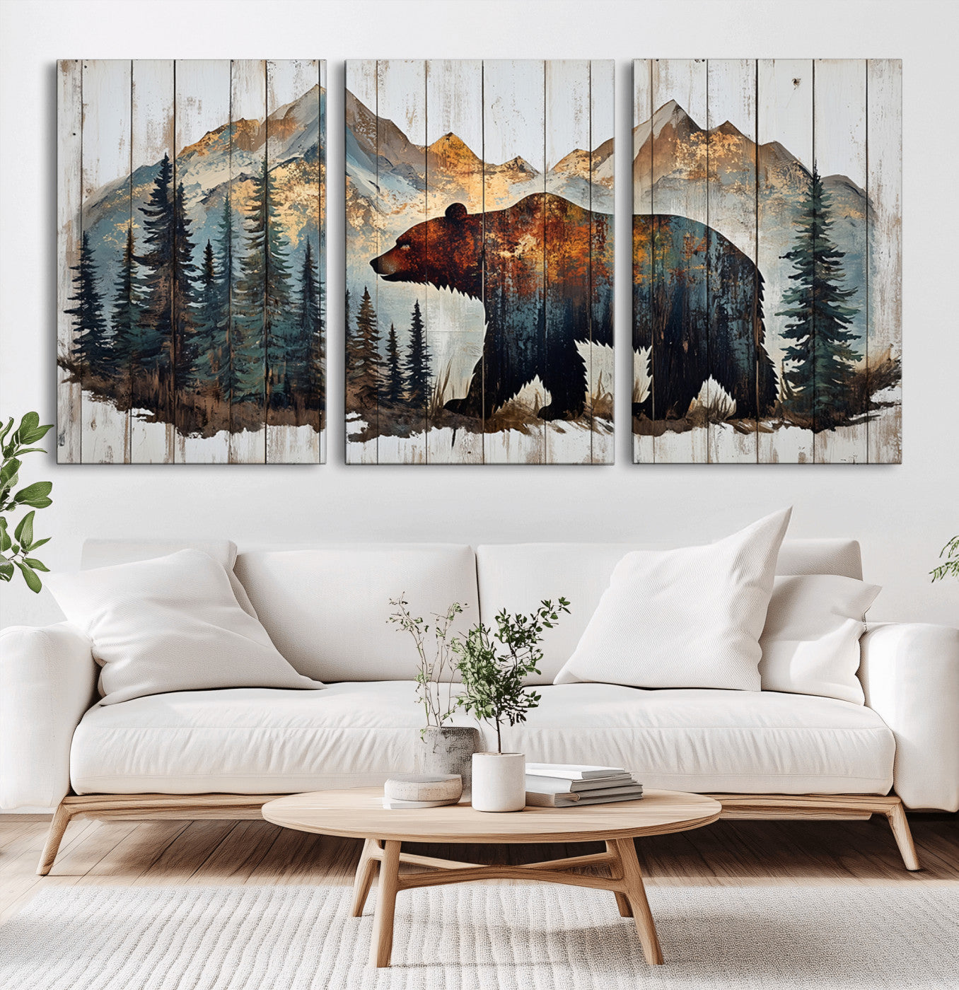 55777-MGV-CV-36X24-Rustic Grizzly 399 Bear and Mountain Wood Canvas Wall Art - Framed Nature Artwork with Forest