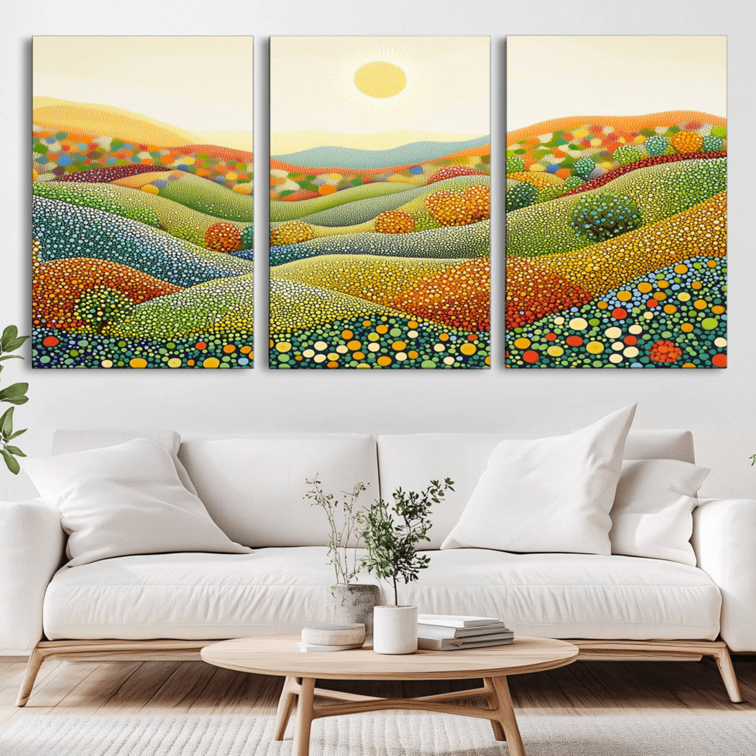 YAYOI KUSAMA Colorful Dot Art Landscape Canvas - Framed Abstract Pointillism with Rolling Hills and Sun