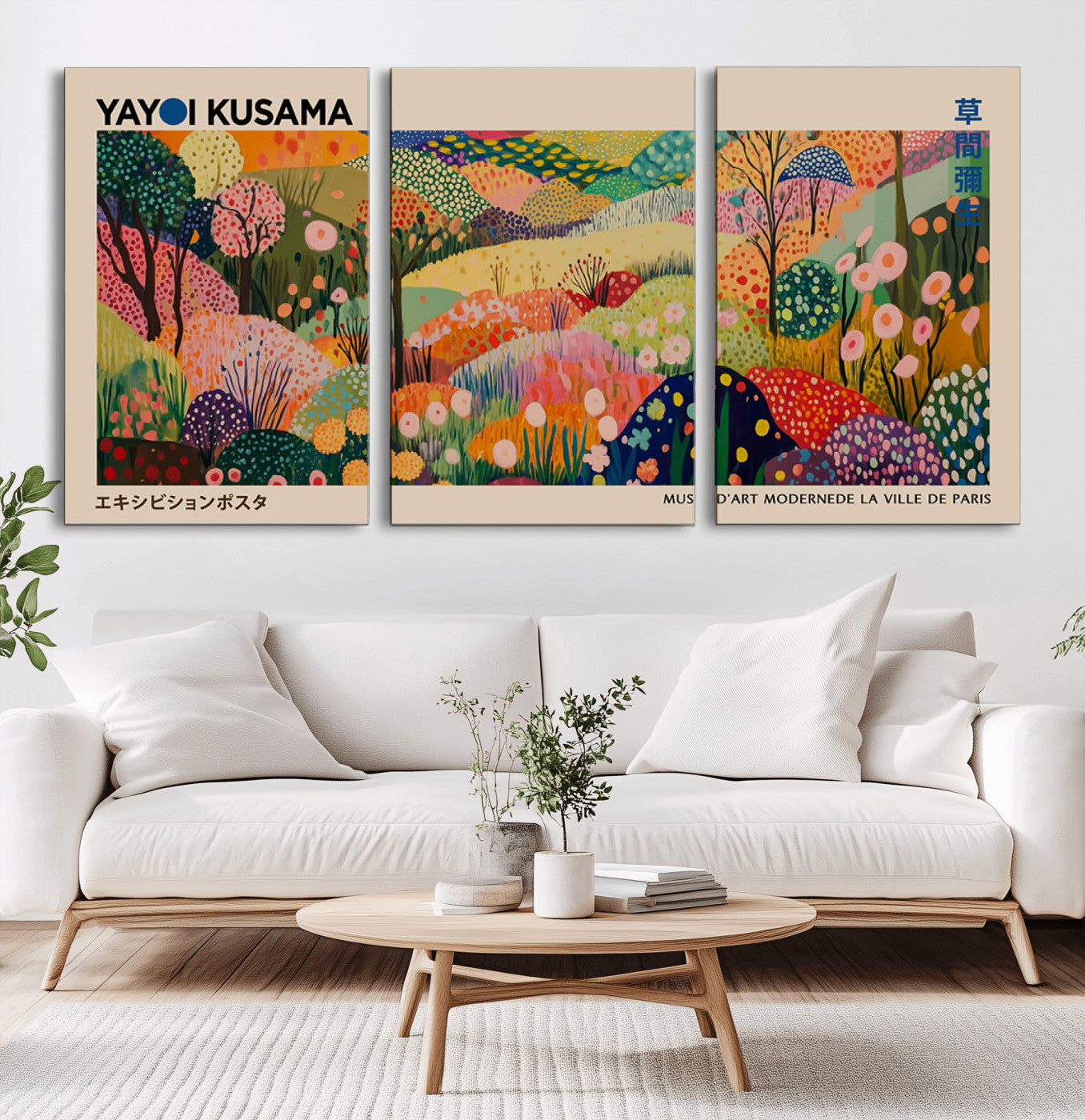 MGV-CV-60X30-3P - Yayoi Kusama Japanese Art Canvas Print, Abstract Art, Large Yayoi Kusama Framed Print, Japanese Wabi