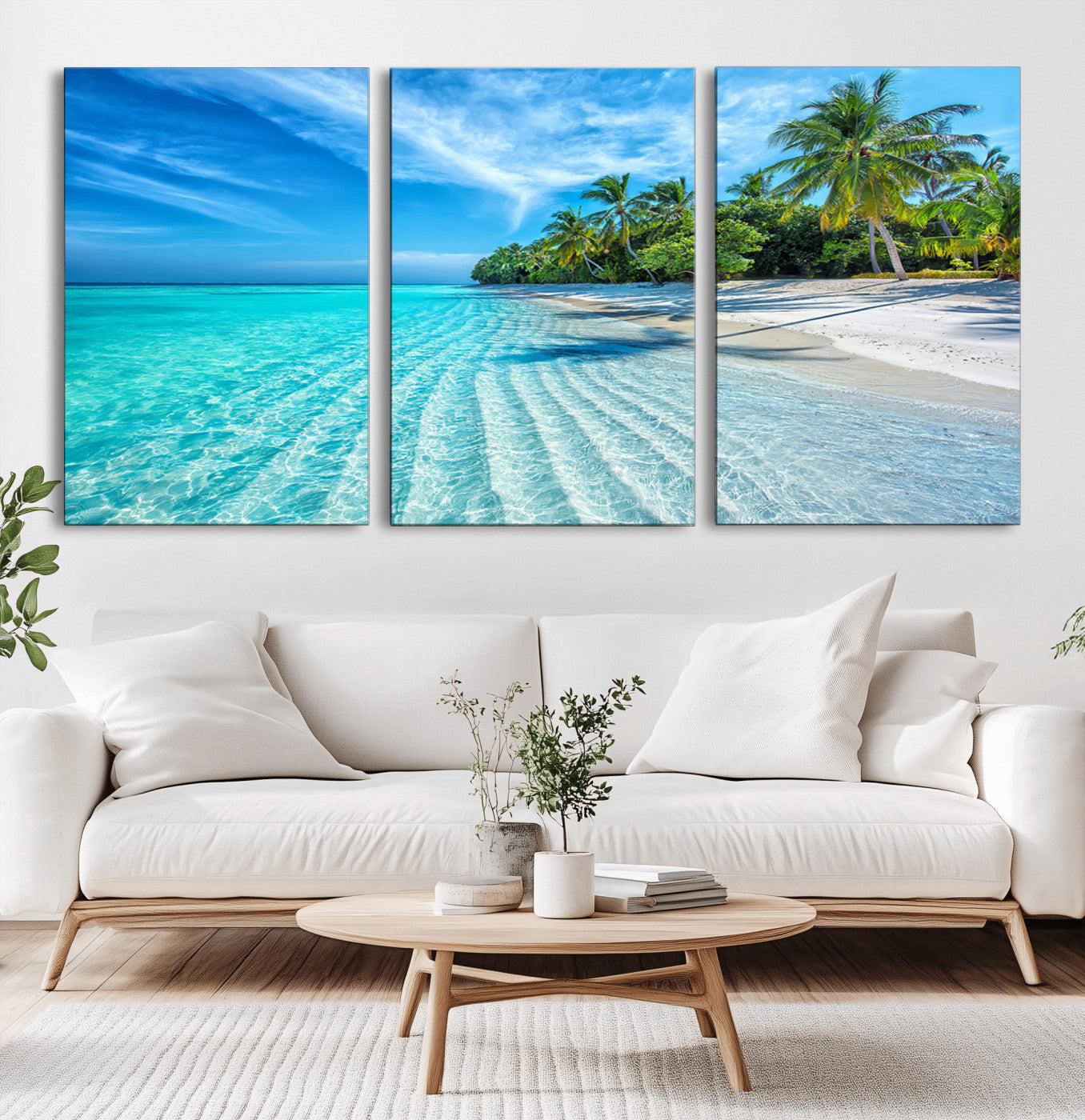 MGV-CV-60X30-3P - Tropical Beach Wall Art Canvas Print - Serene Ocean Landscape with Crystal Clear Turquoise Water and
