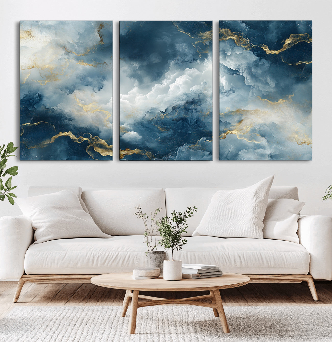MGV-CV-60X30-3P - Large Abstract Print - Luxe Blue and Gold Abstract Canvas Wall Art - Bold Cloudscape Canvas for
