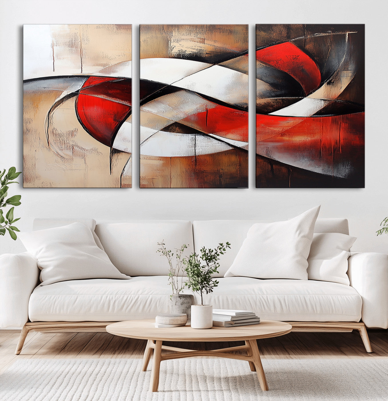 MGV-CV-60X30-3P - Abstract Wall Art - Modern Red and White Canvas Wall Art Print - Bold Geometric Abstract Canvas for