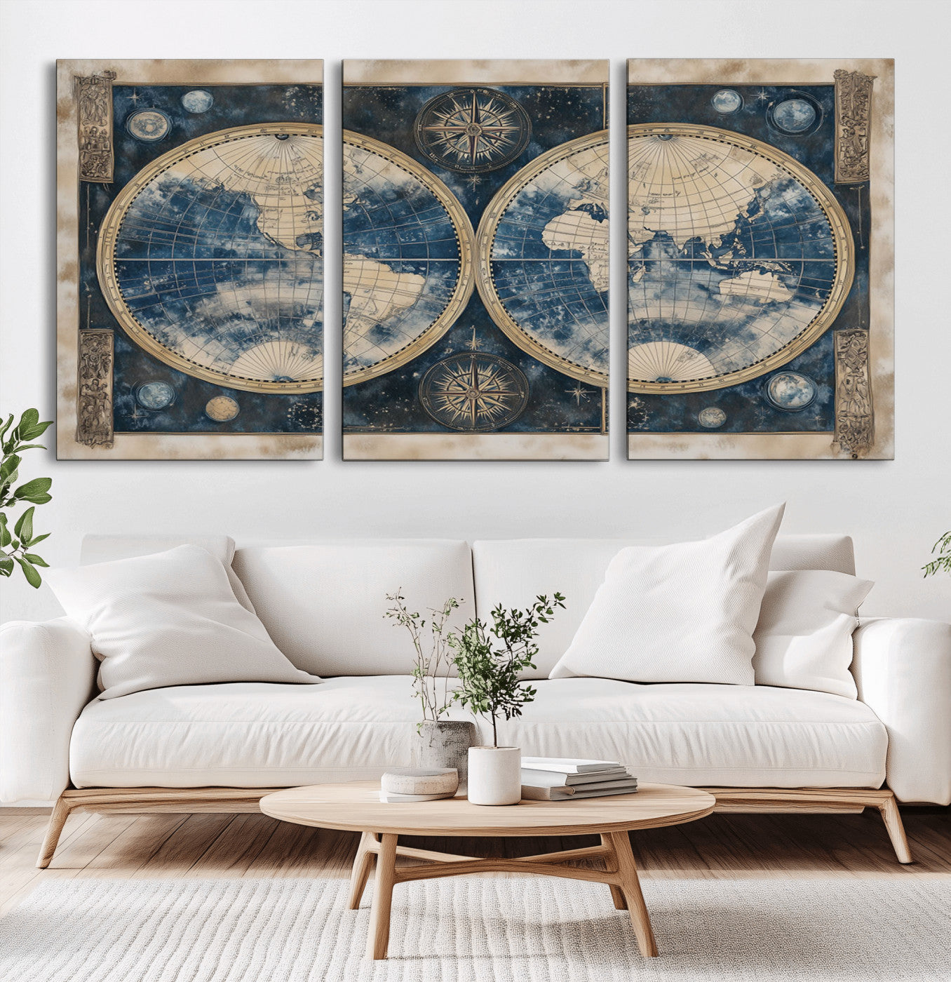 46473-MGV-CV-36X24-Framed Vintage Blue World Map Canvas Print – Antique Double Hemisphere Wall Art for Home and Office Decor, Classic Explorer Map Artwork