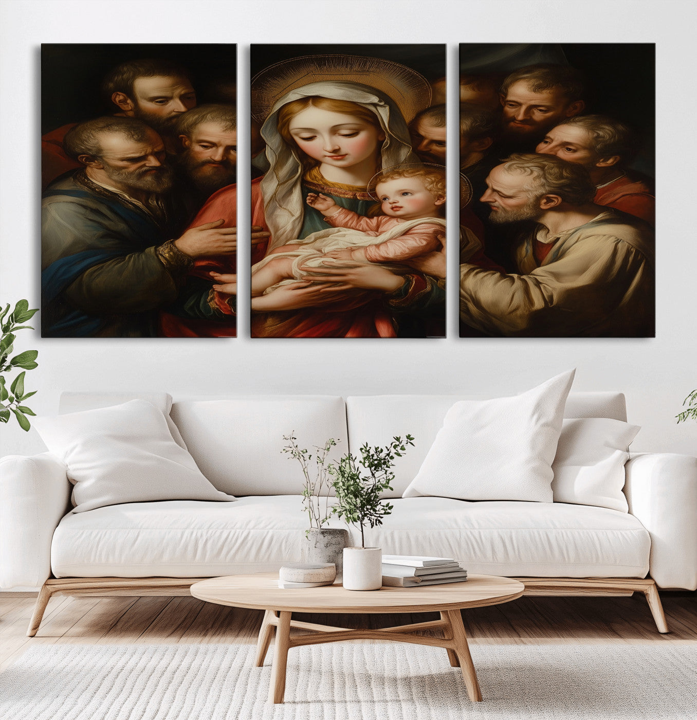 MGV-CV-60X30-3P - Religious Canvas Wall Art Print - Madonna and Child with Apostles Art Print - Classic Christian