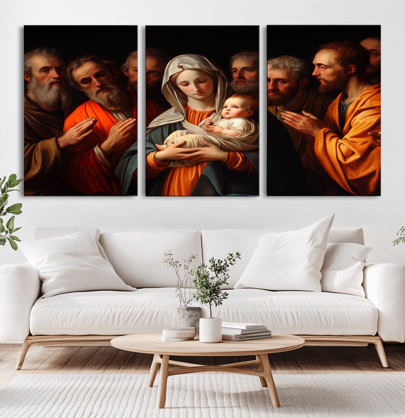 MGV-CV-60X30-3P - Religious Canvas Wall Art Print - Madonna and Child with Apostles Art Print - Classic Christian