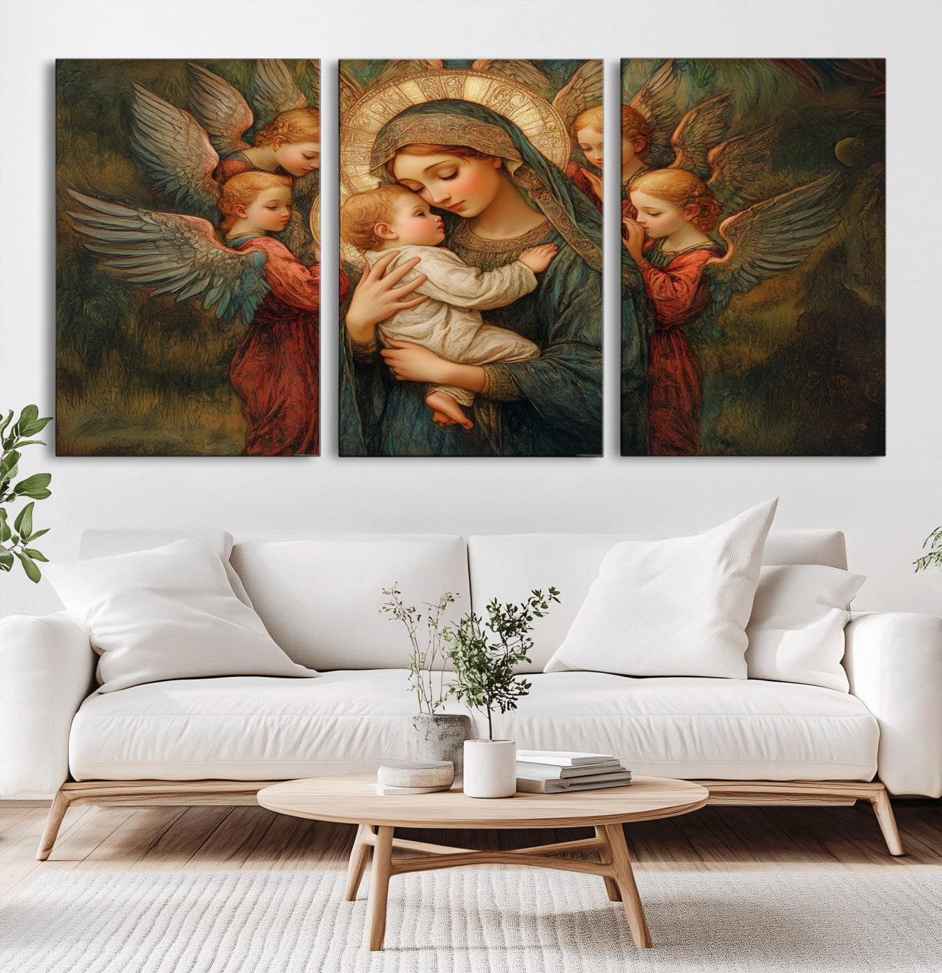 MGV-CV-60X30-3P - Mary Jesus Canvas Wall Art Print - Madonna and Child with Angels Art Print - Classic Christian