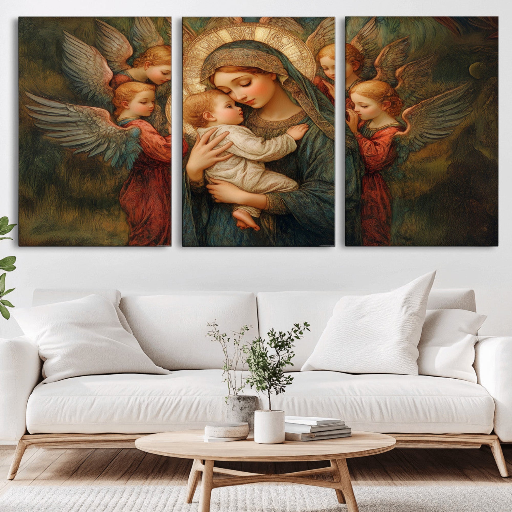 -Mary Jesus Canvas Wall Art Print - Madonna and Child with Angels Art Print - Classic Christian
