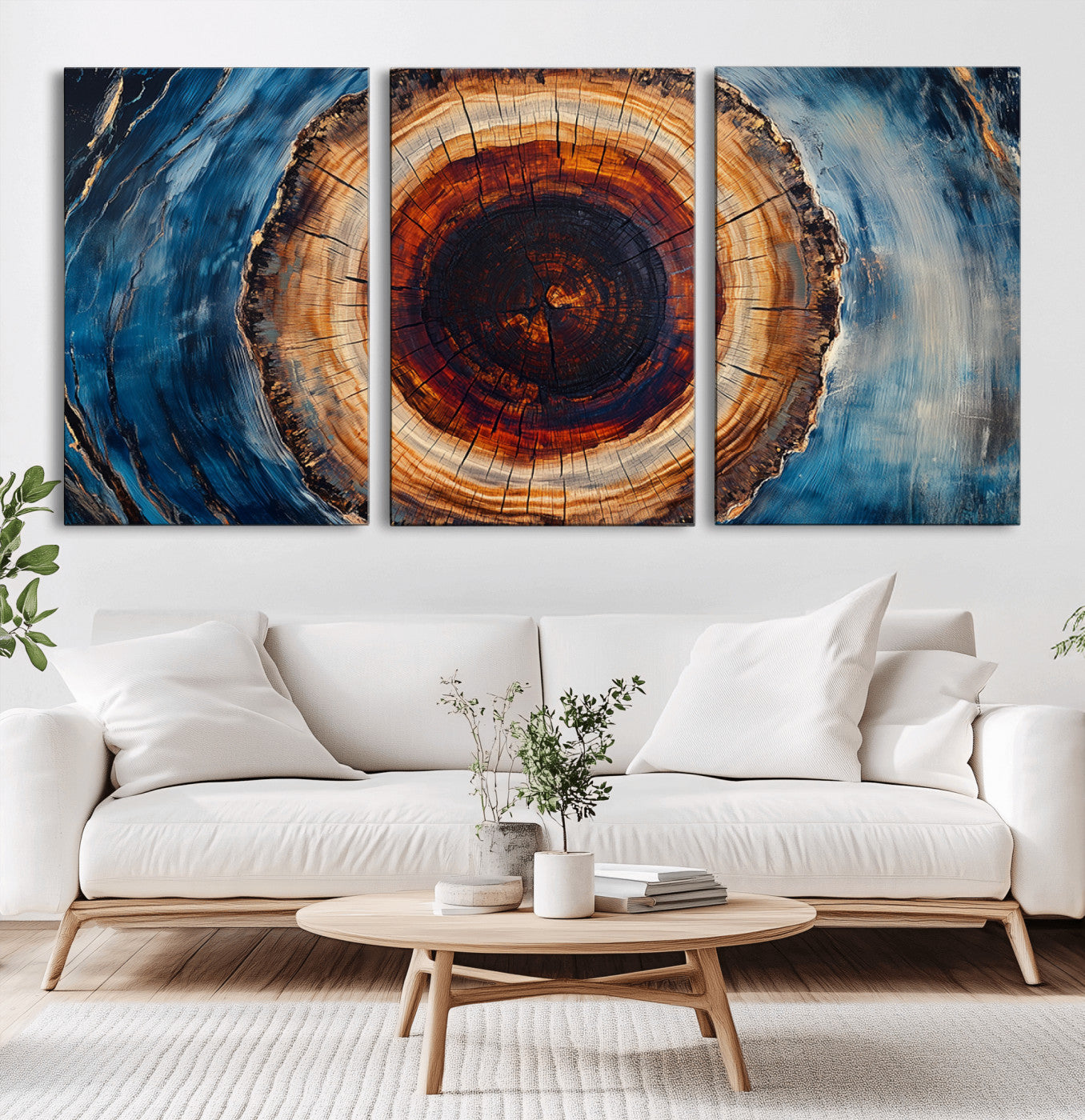 MGV-CV-60X30-3P - Framed Abstract Tree Ring Wall Art Print, Natural Rustic Wood Texture Canvas Print, Wood Tree Stump