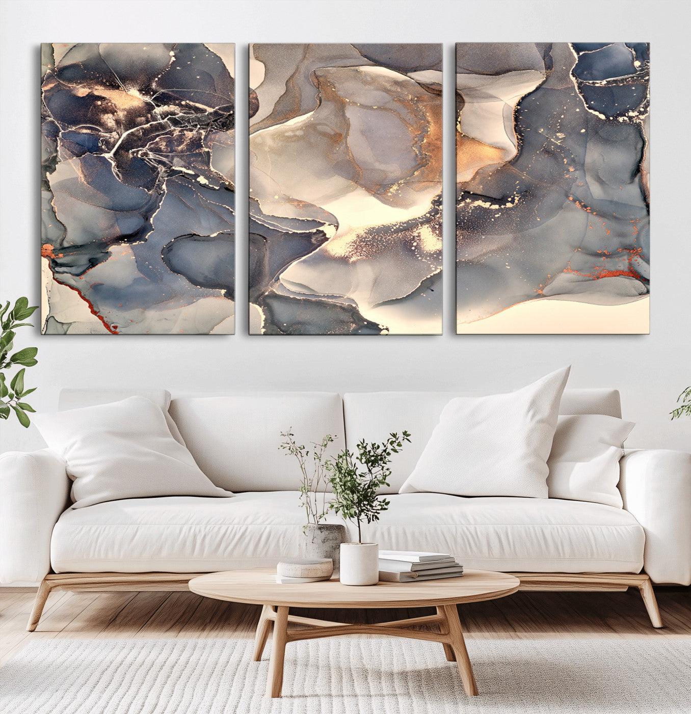 MGV-CV-60X30-3P - Abstract Blue and Gold Wall Art - Fluid Ink Artwork - Modern Luxury Wall Decor for Contemporary