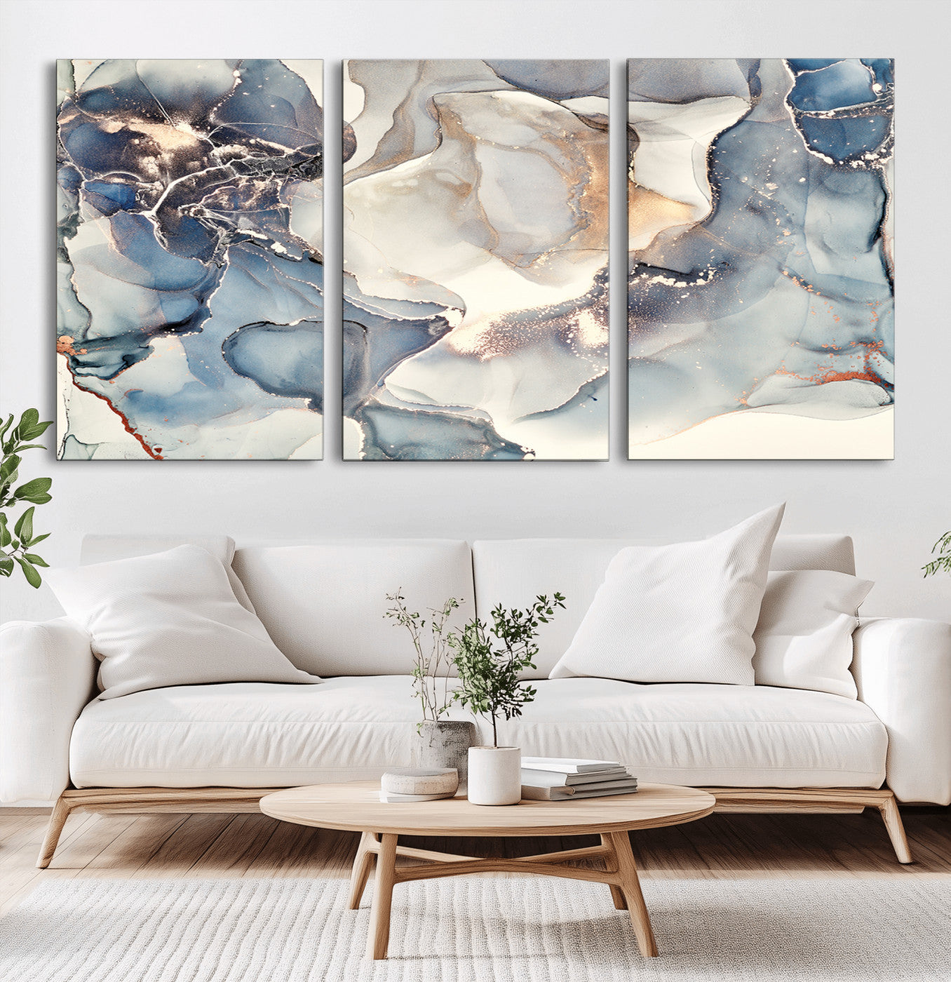 MGV-CV-60X30-3P - Abstract Blue and Gold Canvas Wall Art - Fluid Modern Ink Artwork - Modern Luxury Wall Decor for
