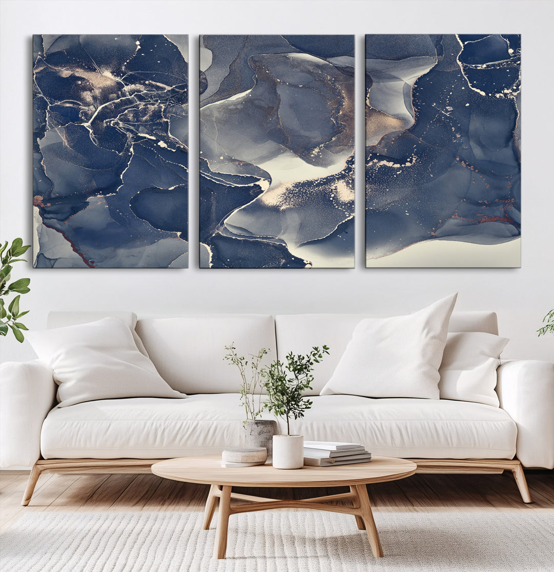 Large Abstract Blue and Gold Canvas Wall Art | Fluid Ink Artwork Print | Luxury Wall Decor for Contemporary Interiors | Framed Ready to Hang