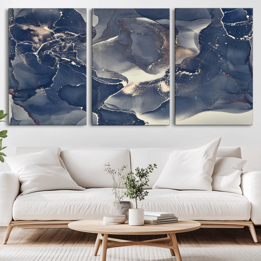 Large Abstract Blue and Gold Canvas Wall Art, Fluid Ink Artwork Print, Luxury Wall Decor
