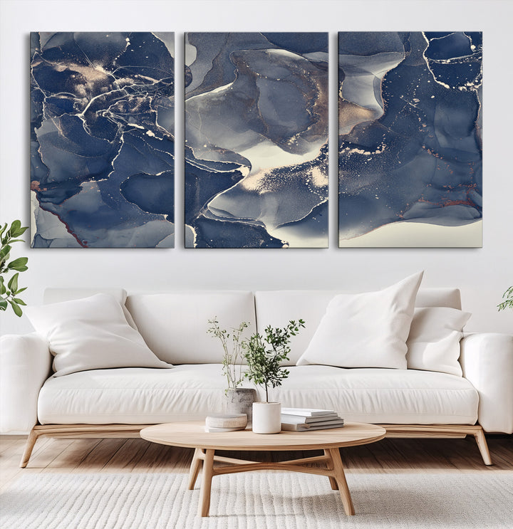 Large Abstract Blue and Gold Canvas Wall Art | Fluid Ink Artwork Print | Luxury Wall Decor for Contemporary Interiors | Framed Ready to Hang