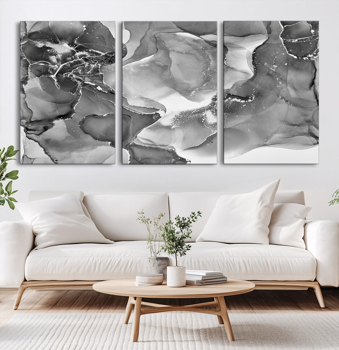 Black White Abstract Canvas Wall Art - Fluid Ink Artwork - Modern Luxury Wall Decor for Contemporary Interiors
