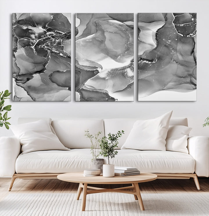 Black White Abstract Canvas Wall Art - Fluid Ink Artwork - Modern Luxury Wall Decor for Contemporary Interiors