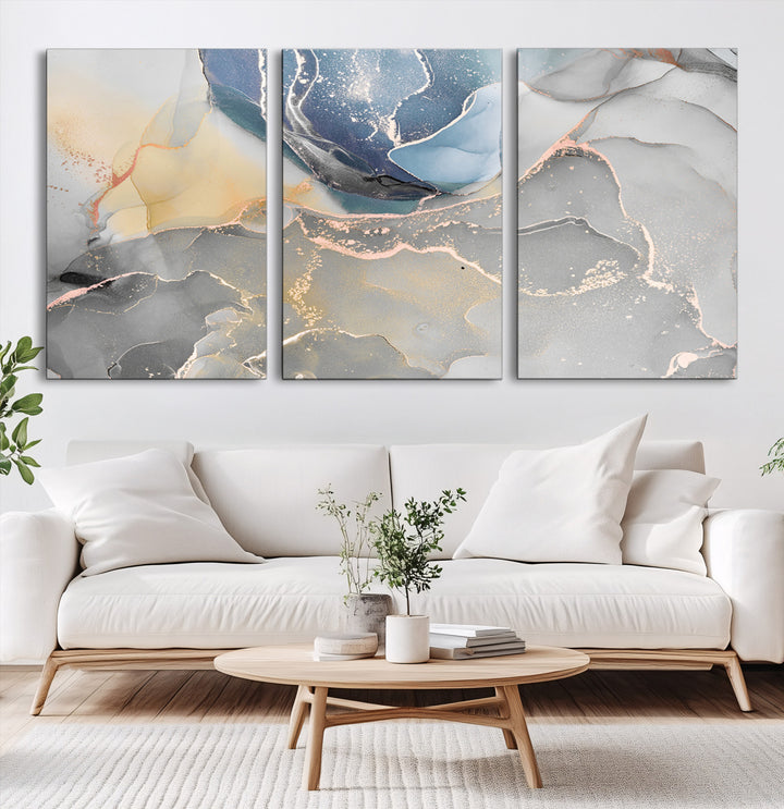 Large Abstract Blue and Gold Canvas Wall Art | Fluid Ink Artwork Print | Luxury Wall Decor for Contemporary Interiors | Framed Blue and Gold
