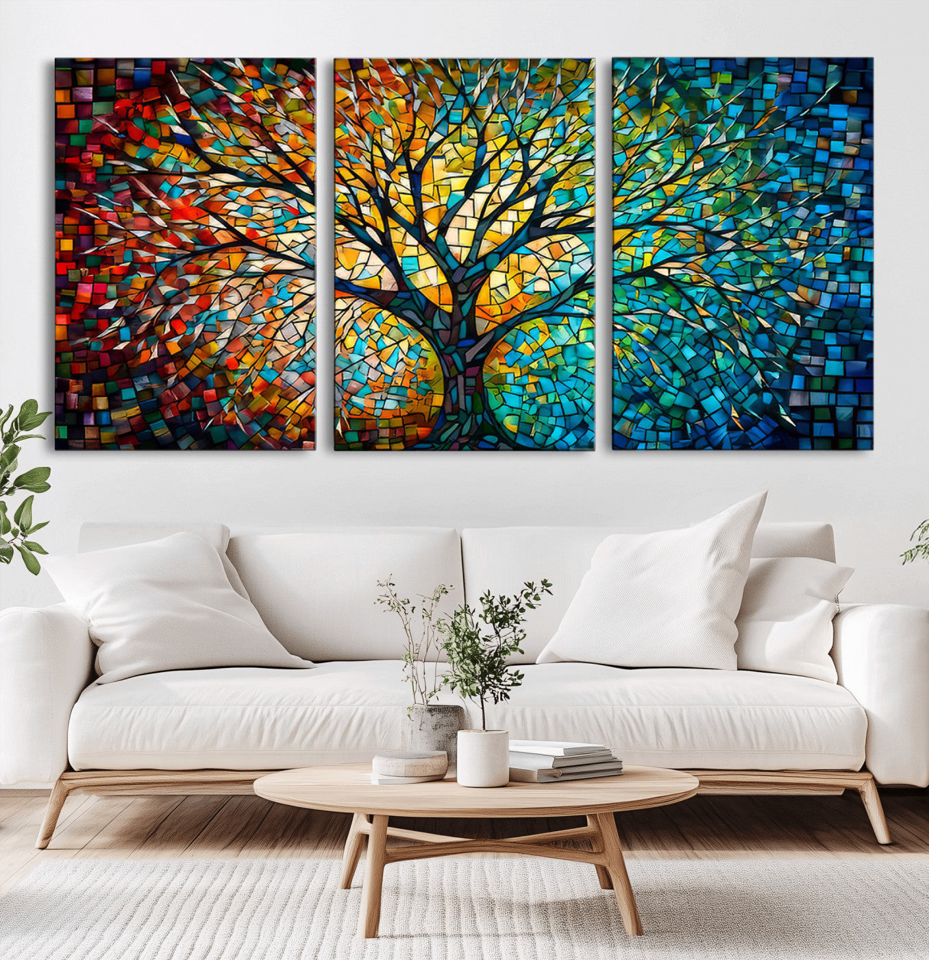MGV-CV-60X30-3P - Yggdrasil Tree of Life Wall Art Print Canvas | Mosaic Style 3-Panel Canvas Print