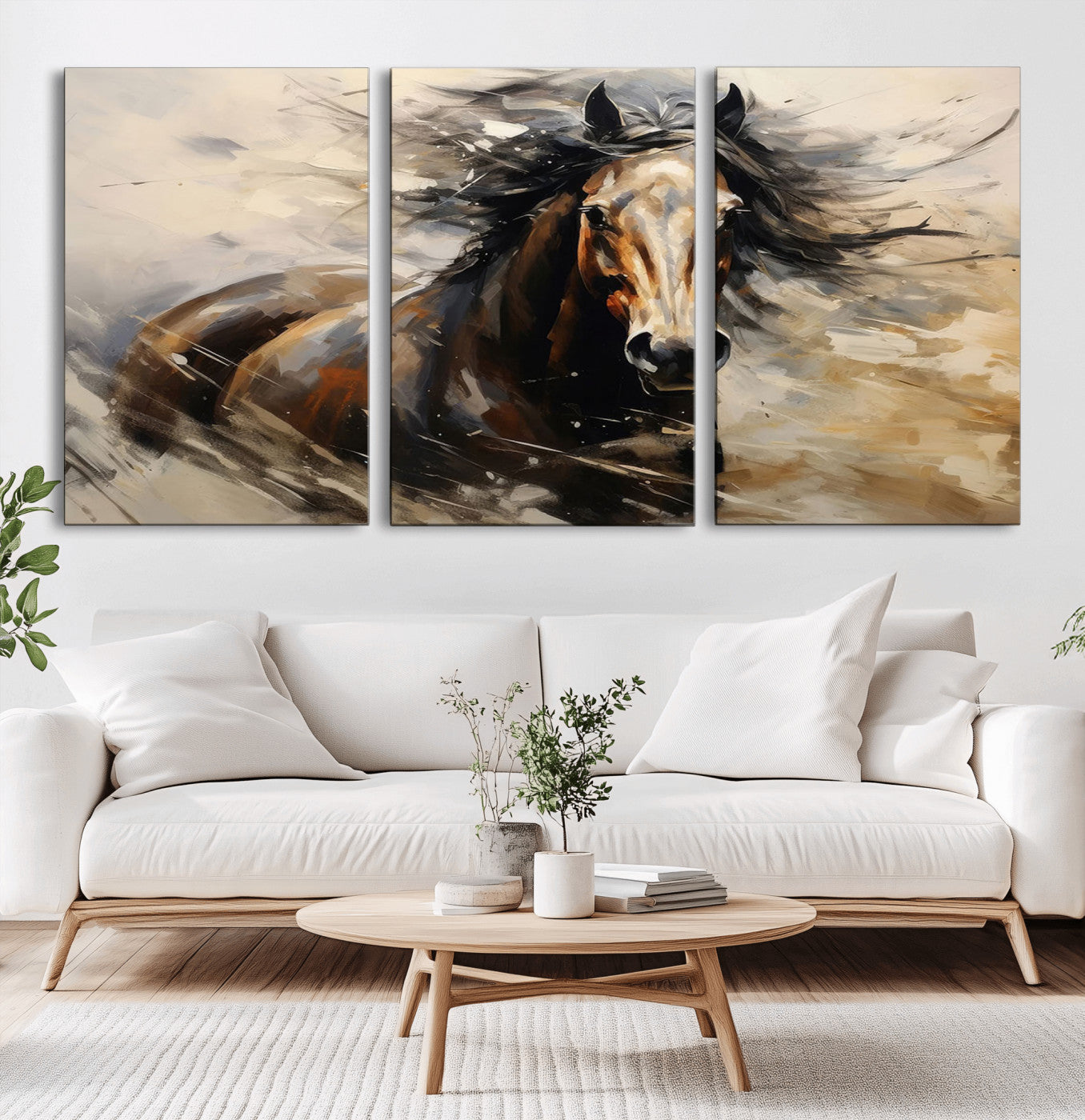 MGV-CV-60X30-3P - Abstract Wall Art Horse Print - Large Western Horse Canvas - Farmhouse Woodland Wall Art - Framed