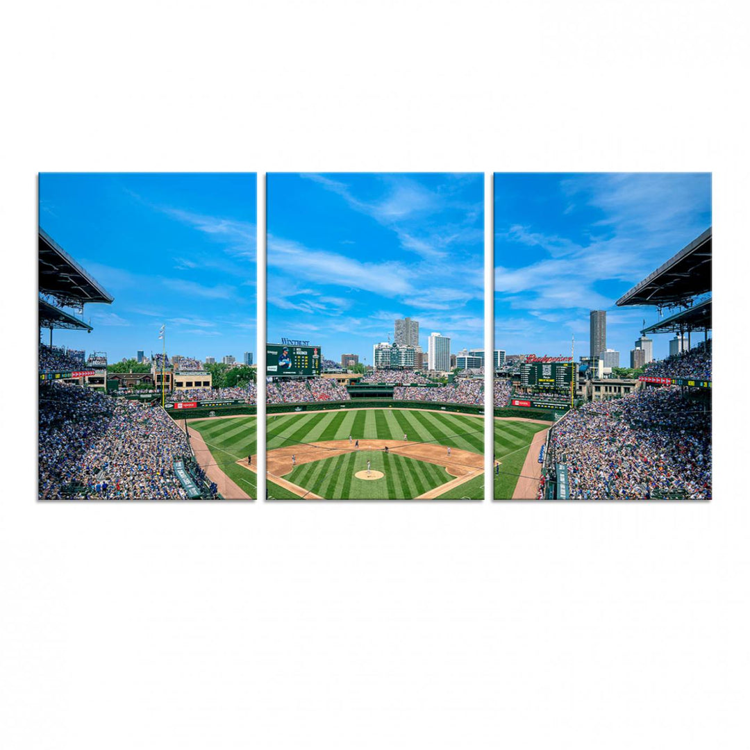 Panoramic view of Wrigley Field, ideal for the Wrigley Field Chicago Cubs Panoramic Canvas Wall Art - Ready to Hang.