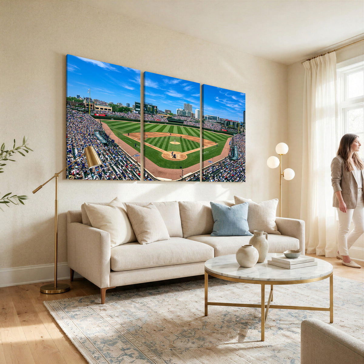 26064-MGV-CV-36X24 - Wrigley Field Chicago Cubs Wall Art Canvas Print Framed Panoramic Multi-Piece Iconic Baseball Stadium Artwork for Home, Office