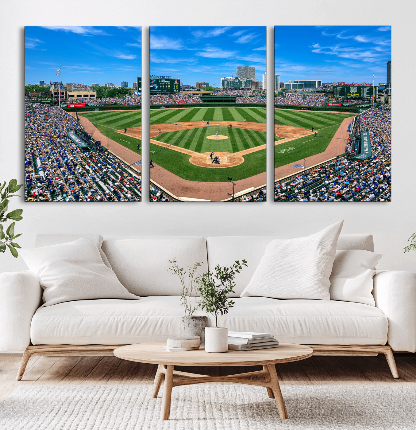 26064-MGV-CV-60X30-3P-Framed Wrigley Field Chicago Cubs Print, Panoramic Multi Piece Canvas Wall Art - Iconic Baseball Stadium Print for Sports Lovers - Ready to