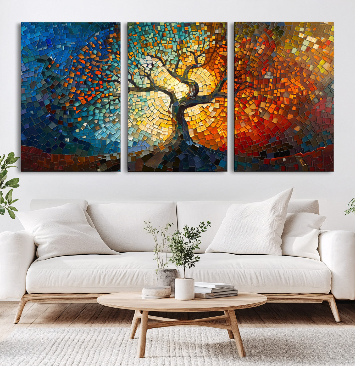 66056-MGV-CV-60X30-3P-Yggdrasil Tree of Life Mosaic Stained Glass Wall Art Canvas, Yggdrasil Tree of Life Mosaic Canvas Print