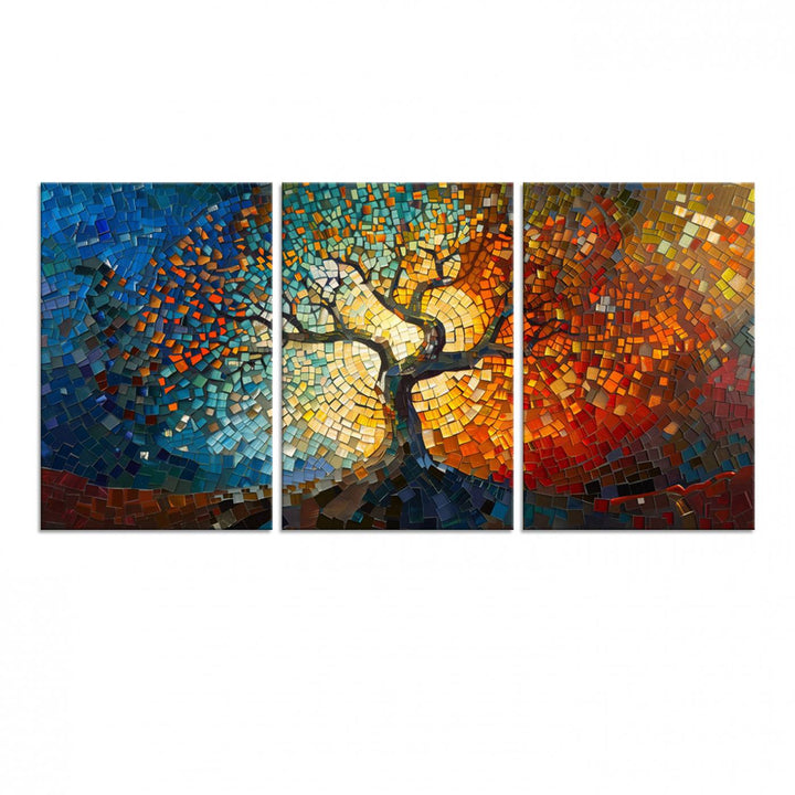 Mosaic Tree Canvas Wall Art: A stunning stained glass-inspired Tree of Life featuring blue and orange swirling patterns reminiscent of a sunburst.