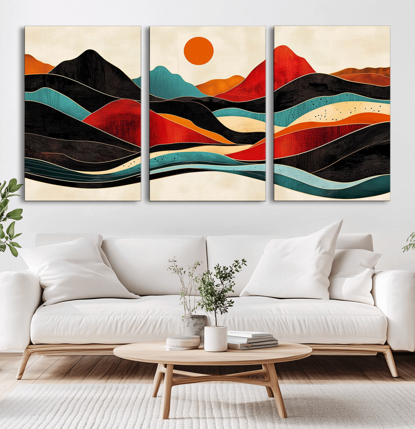 MGV-CV-60X30-3P - Western Wall Decor - Large Triptych Mountain Canvas - Boho Woodland Wall Art Print - Framed