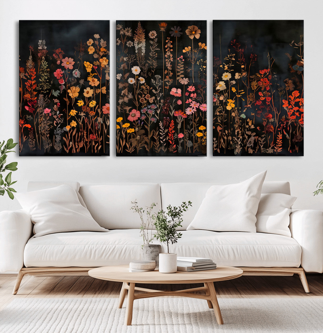 MGV-CV-60X30-3P - Dark Floral Canvas Wall Art - Moody Botanical Flower Print - Rustic Floral Wall Decor for Home -