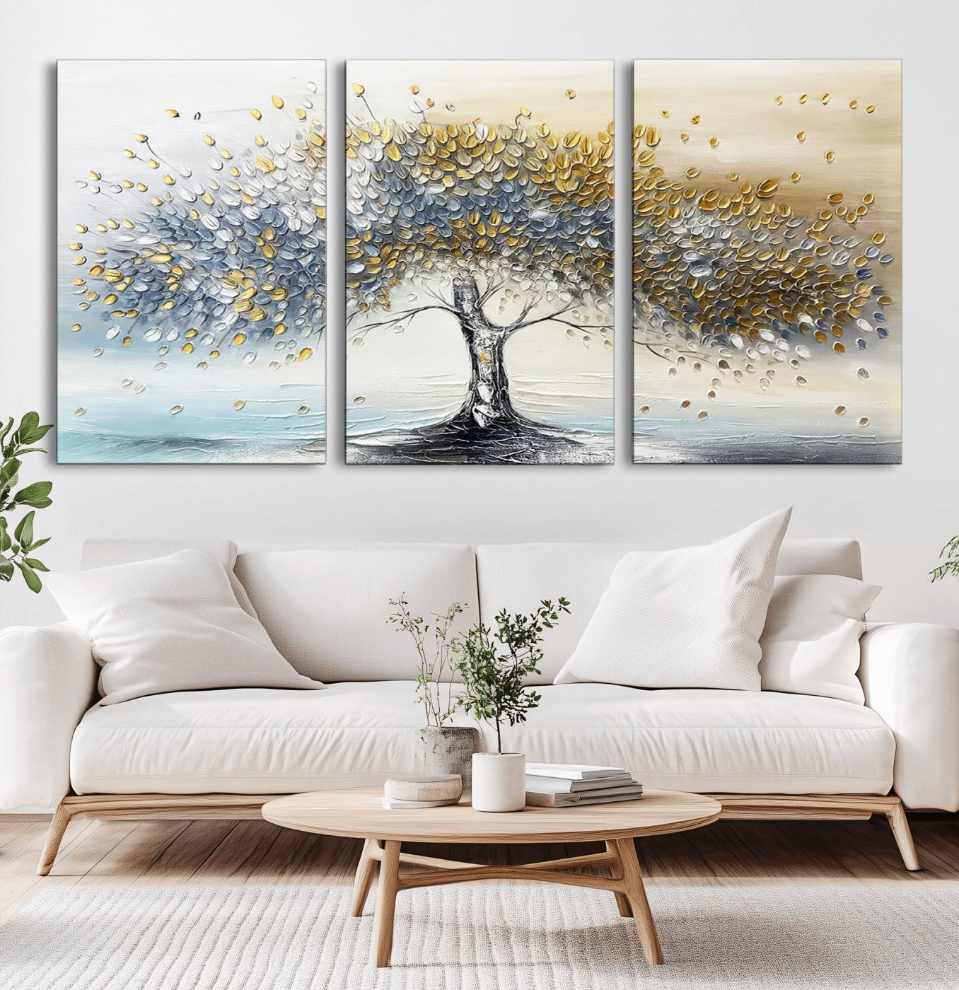 An elegant impasto painting featuring a tree with shimmering silver and gold leaves, blending soft pastels to create a calm and sophisticated atmosphere.