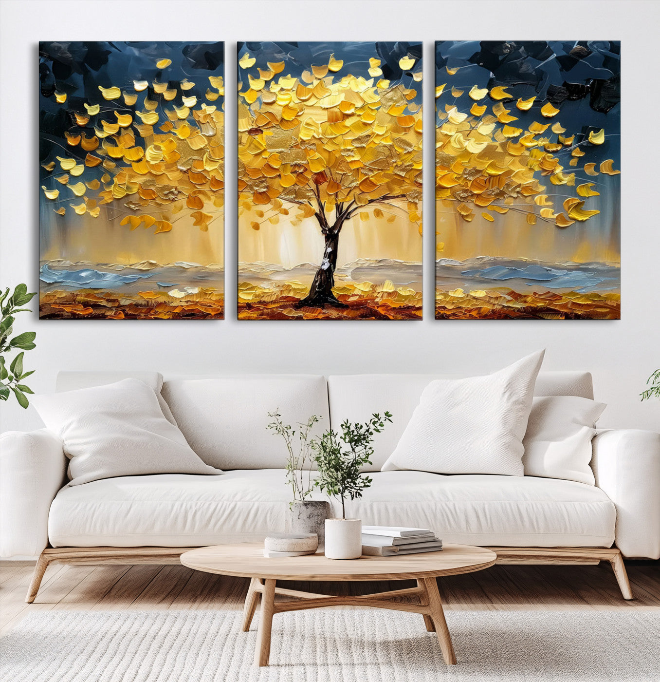 A stunning impasto painting captures the golden hues of autumn with a vibrant tree glowing against a dramatic blue and brown backdrop.