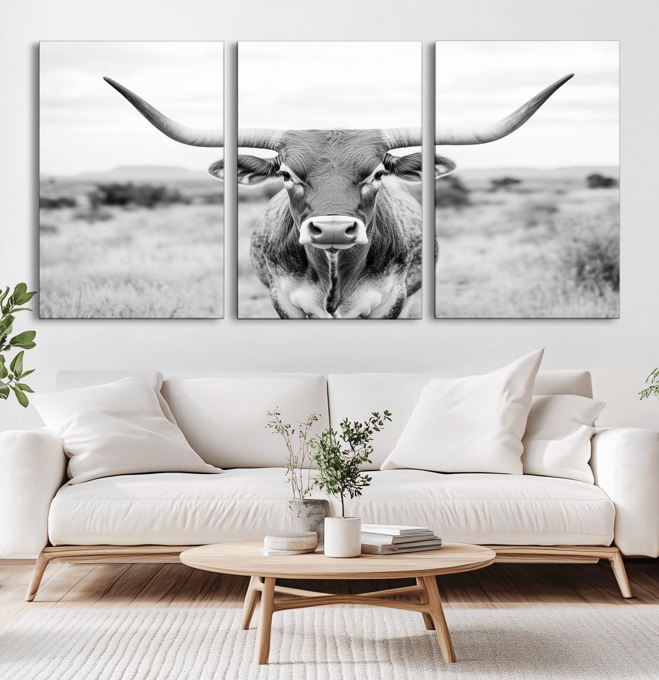 MGV-CV-60X30-3P - Highland Cow Wall Art Print - Black and White Texas Western Longhorn Canvas - Farmhouse Decor Print