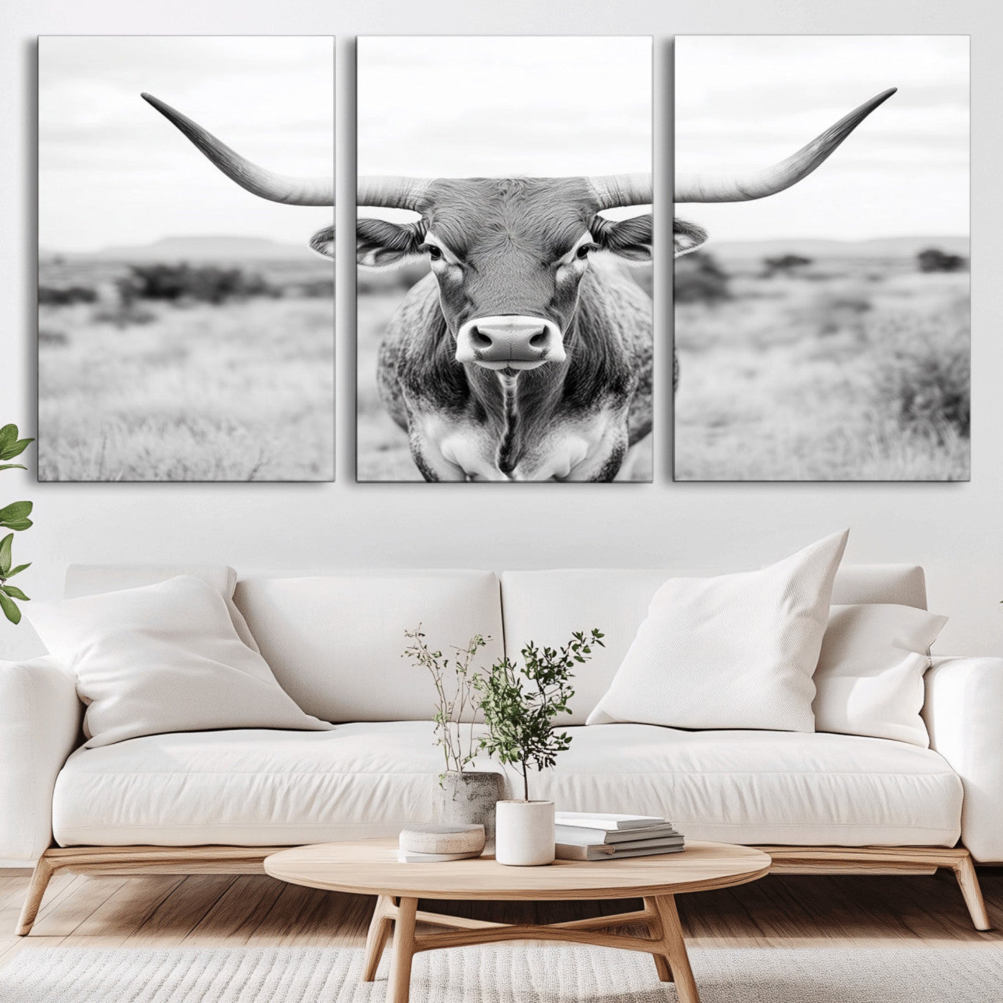 -Highland Cow Wall Art Print - Black and White Texas Western Longhorn Canvas - Farmhouse Decor Print