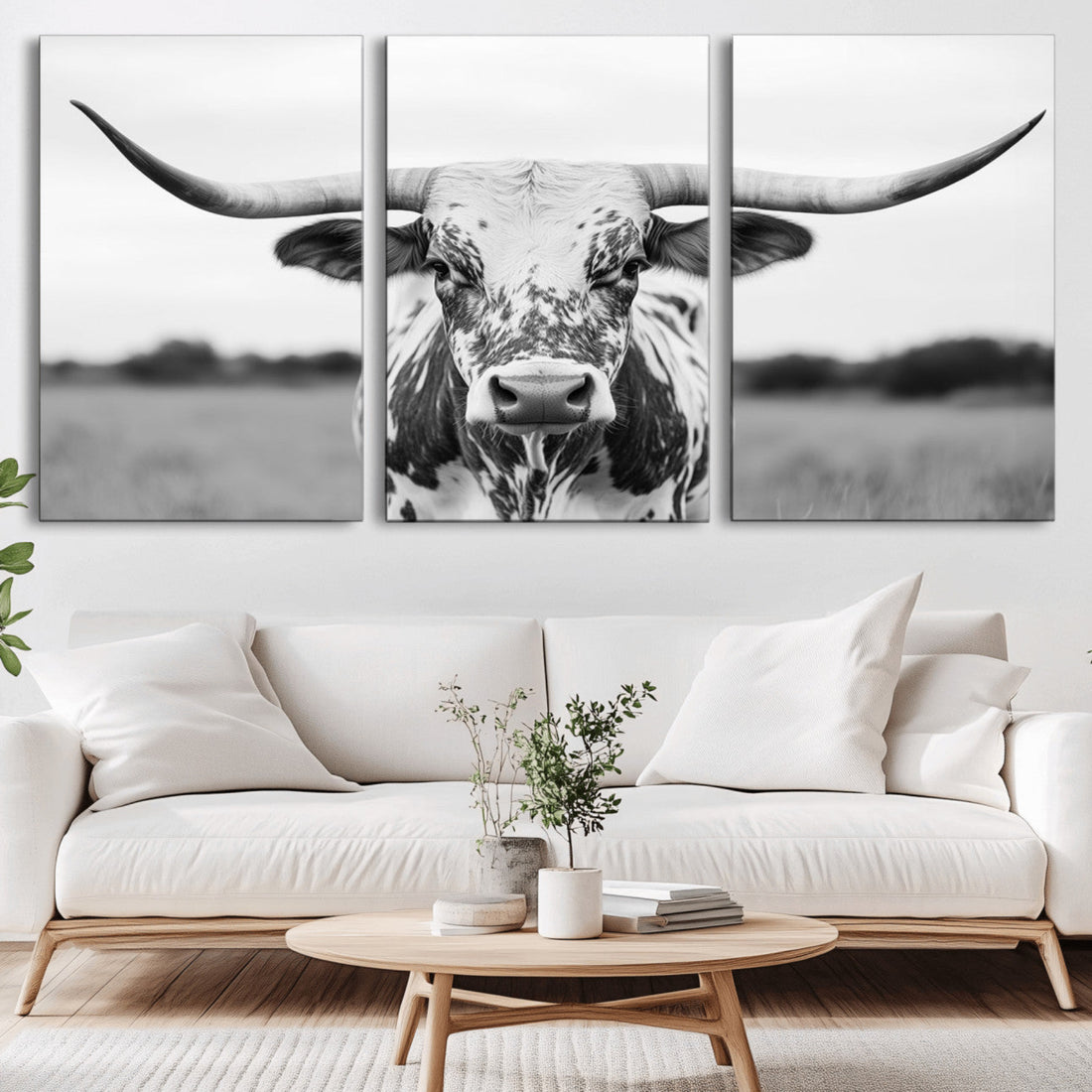 Highland Cow Wall Art Canvas Print | Black and White Western Longhorn Living Room Art