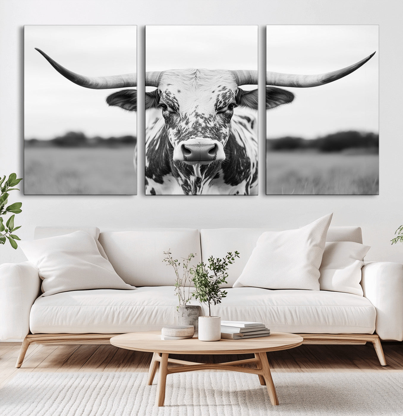 MGV-CV-60X30-3P - Highland Cow Wall Art - Black and White Western Longhorn Canvas Print - Farmhouse Living Room Decor