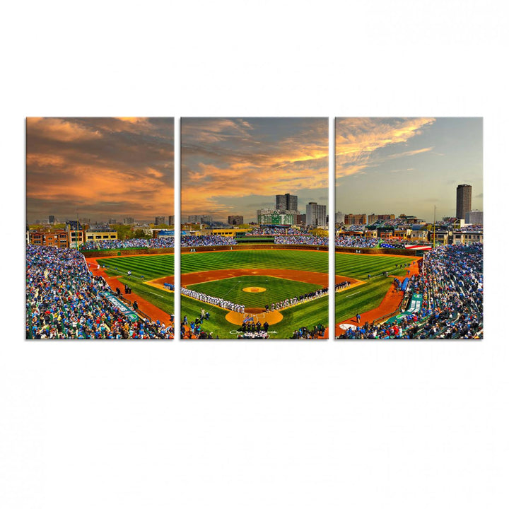 Aerial view of Wrigley Field at sunset against a vibrant sky, creating the perfect Chicago Wrigley Field Canvas Wall Art.