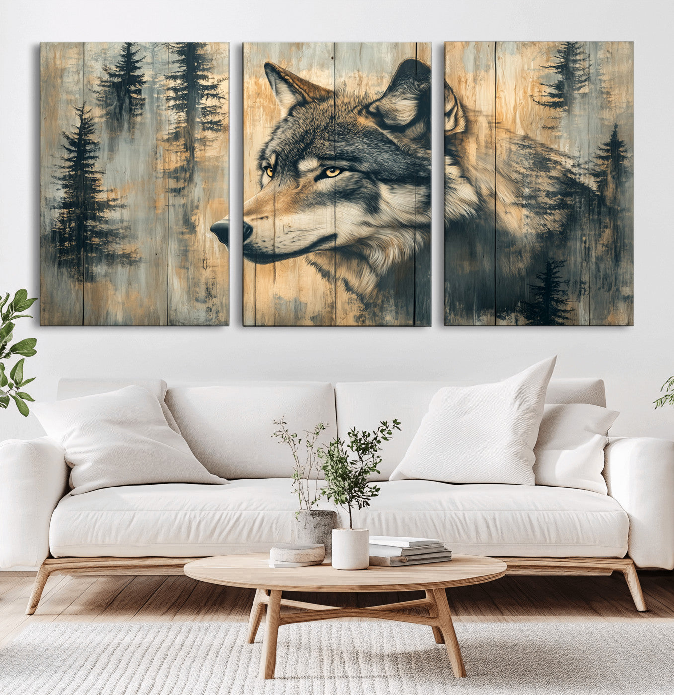 MGV-CV-60X30-3P - Wood Style Rustic Wolf Wall Art Canvas Print, Vintage Woodland Wolf Wall Art, Framed Wood Style Wolf