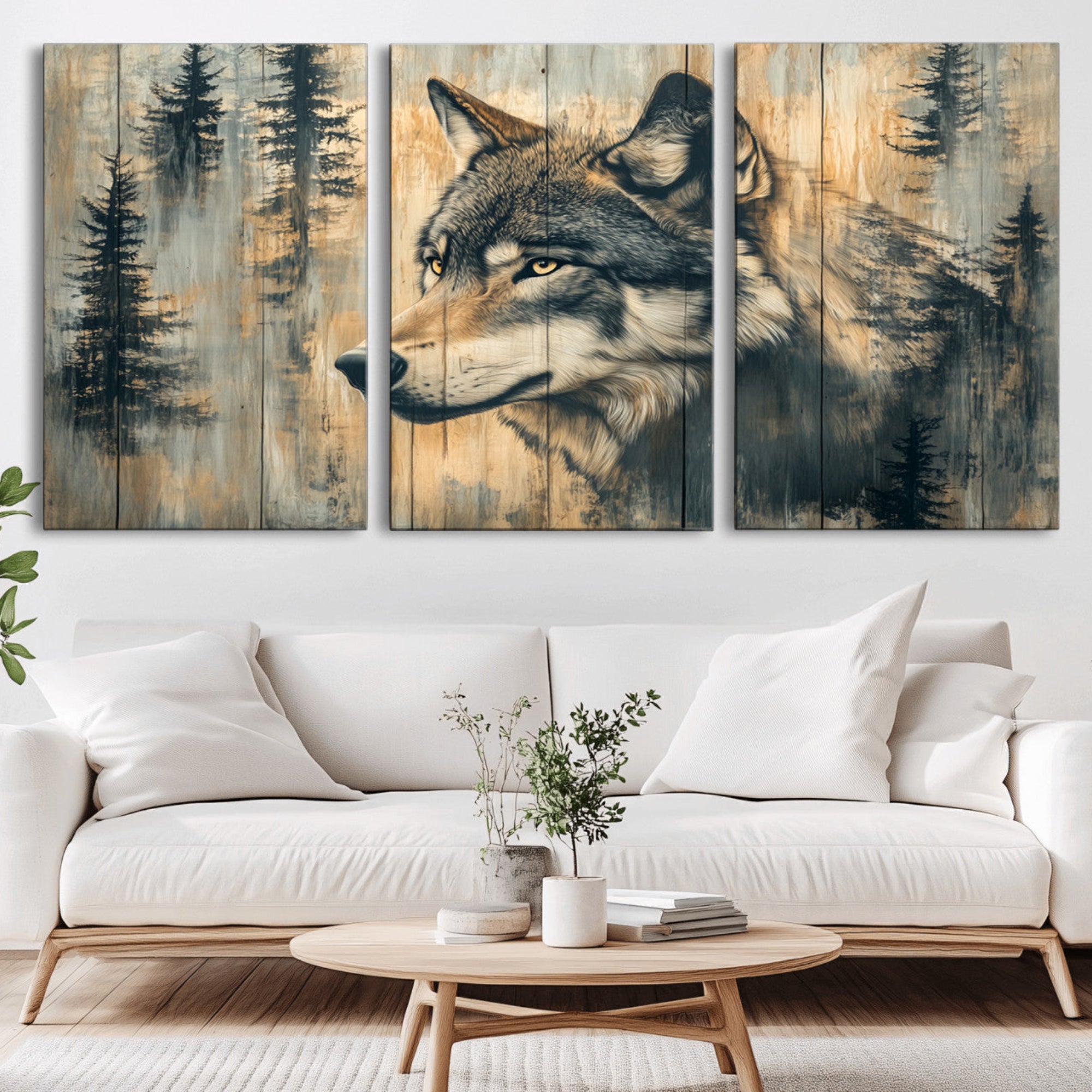 51892-MGV-CV-36X24-Wood Style Rustic Wolf Wall Art Canvas Print, Vintage Woodland Wolf Wall Art, Framed Wood Style Wolf