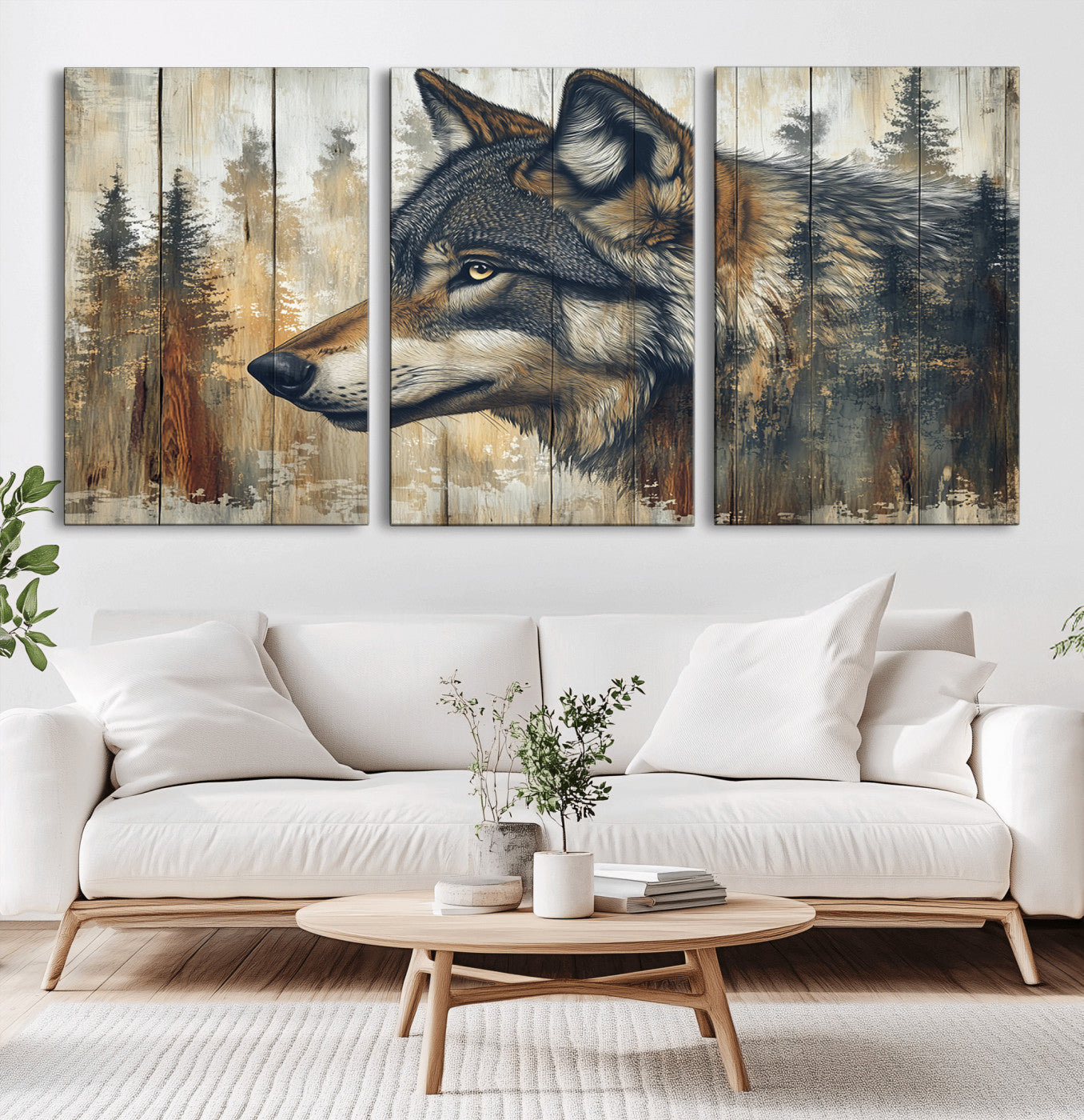 MGV-CV-60X30-3P - Rustic Wolf Wall Art Canvas Print, Vintage Woodland Wolf Wall Art