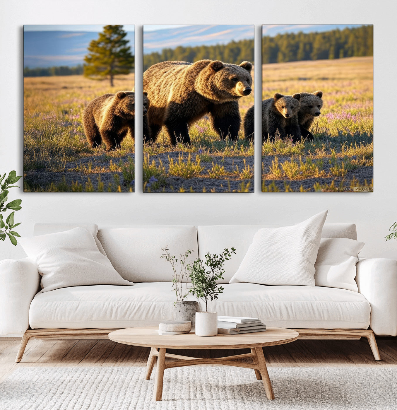 MGV-CV-60X30-3P - Grizzly 399 in Wild Flowers Wall Art Canvas Print, Grizzly Bears Wall Art, Queen of Grand Teton