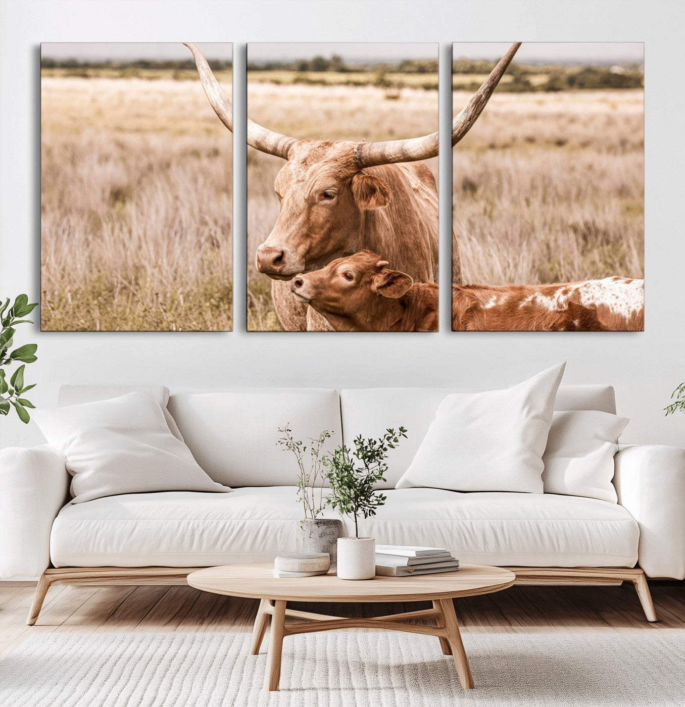 MGV-CV-60X30-3P - Texas Longhorn Cow Wall Art Canvas Print for Farmhouse Wall Art, Texas Decor, Western Wall Art Print