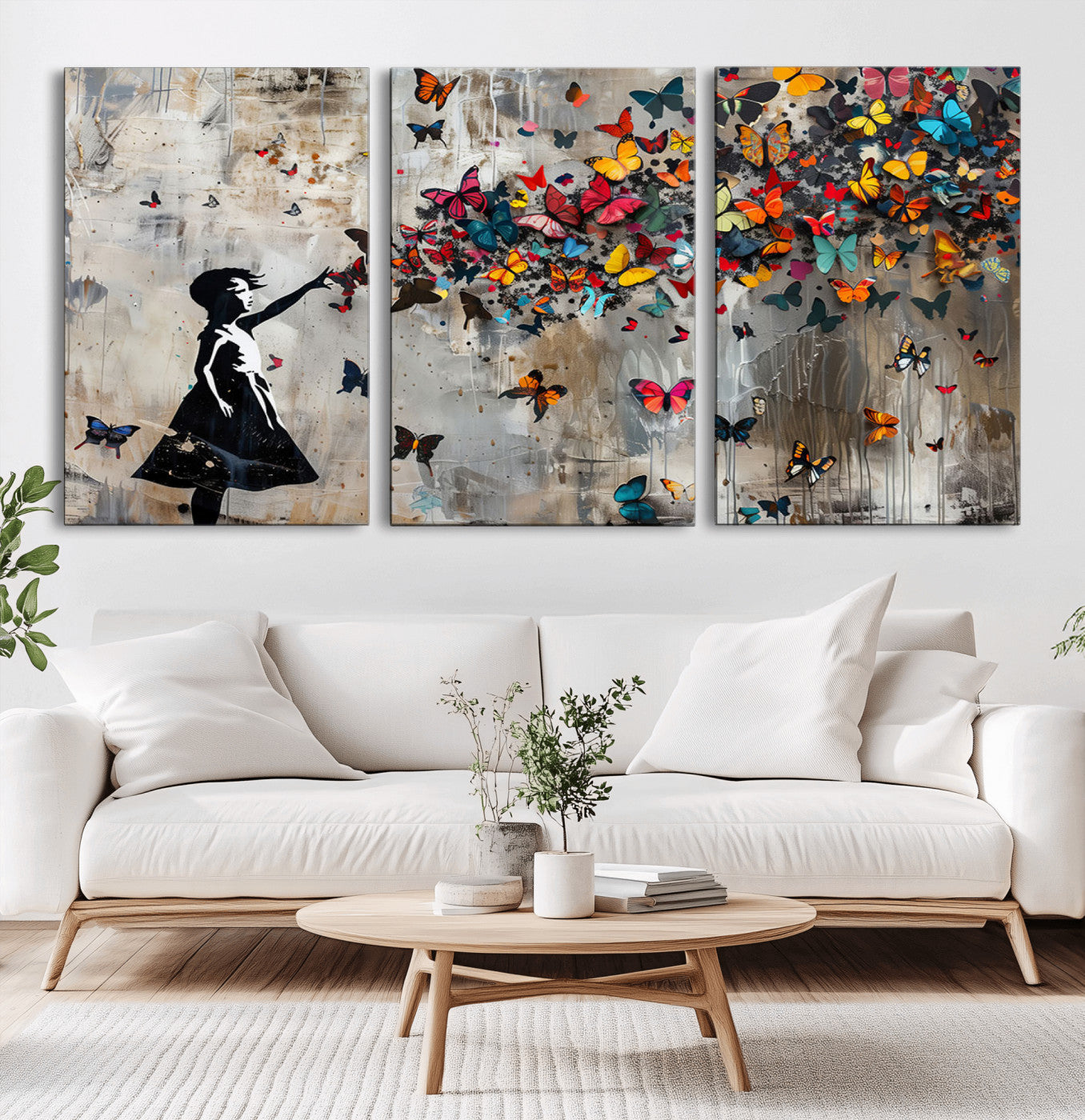 MGV-CV-60X30-3P - Banksy Butterfly Girl Wall Art | 3-Piece Butterfly Girl Canvas