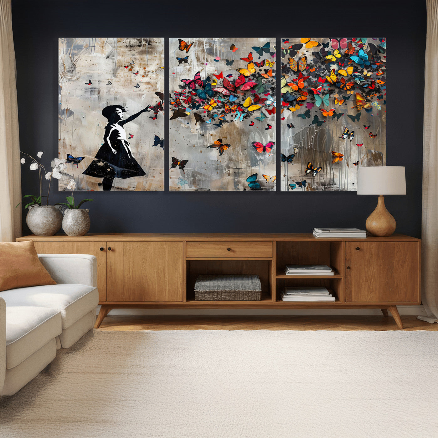 51446-MGV-CV-36X24 - Framed Banksy Butterfly Girl Wall Art ,3-Piece Butterfly Girl Canvas, Modern Graffiti Canvas Print