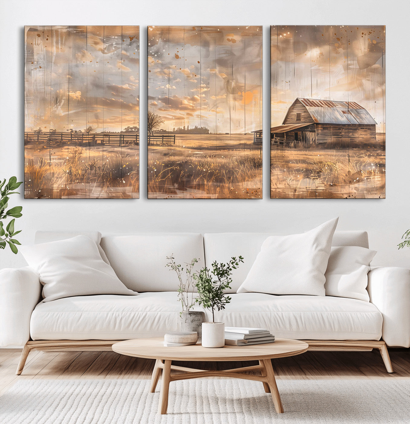 MGV-CV-60X30-3P - Rustic Farmhouse Wall Art Canvas Print | Barn and Field Canvas Print | Vintage Country Landscape