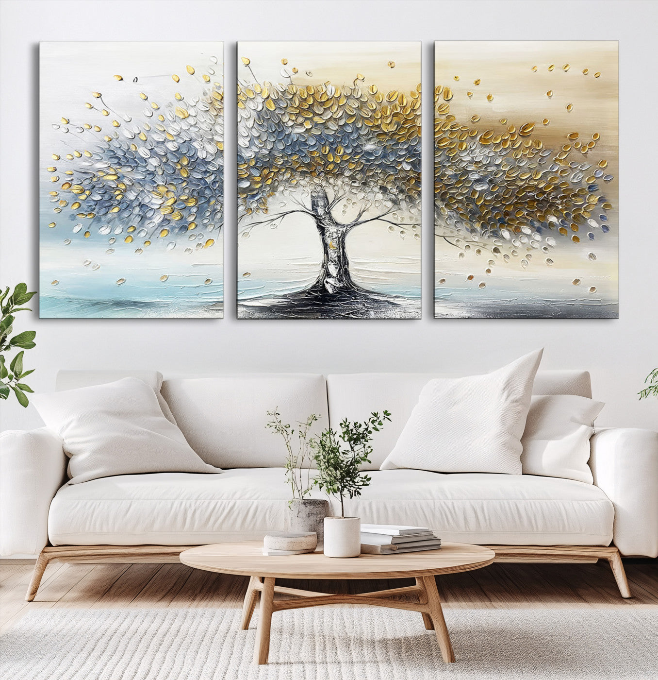 Canvas of a silver and gold textured tree with a soft neutral background, ideal for elegant and minimalist home decor styles.
